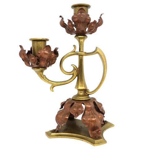 English Aesthetic Movement Brass and Copper Two-Light Candlestick