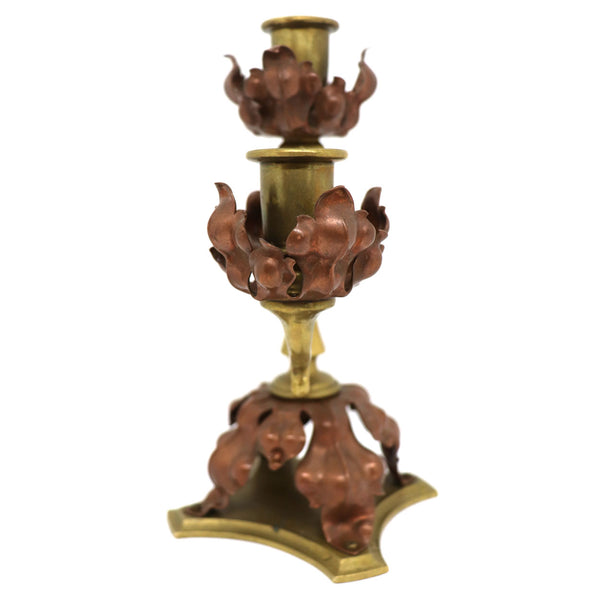 English Aesthetic Movement Brass and Copper Two-Light Candlestick