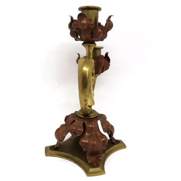 English Aesthetic Movement Brass and Copper Two-Light Candlestick