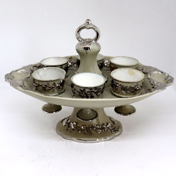German Villeroy & Boch Silver Luster Ironstone Pottery 6-Cup Egg Cruet Stand