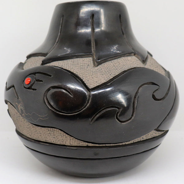 Native American MARLIN & PHYLLIS HEMLOCK Black Pottery and Coral Avanyu Vase
