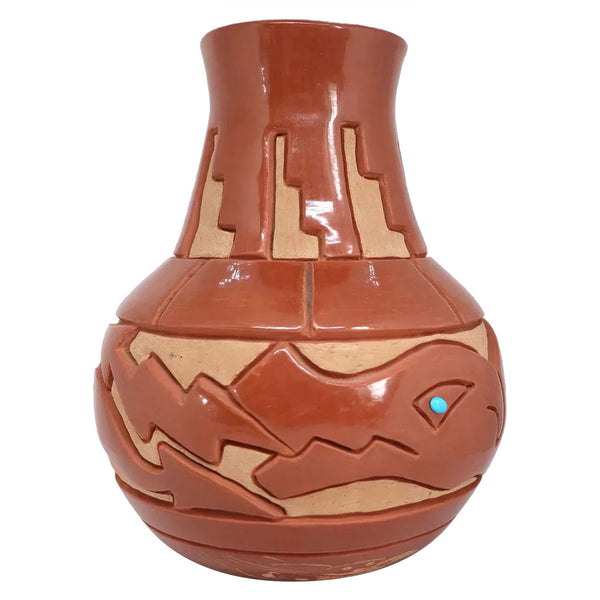 Native American MARLIN & PHYLLIS HEMLOCK Red Pottery and Turquoise Avanyu Jar