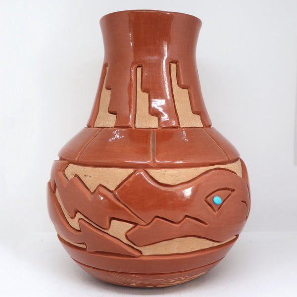 Native American MARLIN & PHYLLIS HEMLOCK Red Pottery and Turquoise Avanyu Jar