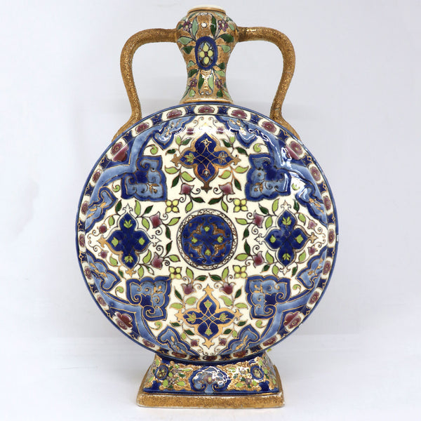 Hungarian Fischer J. Budapest Gilt Earthenware Pottery Moon Flask Vase