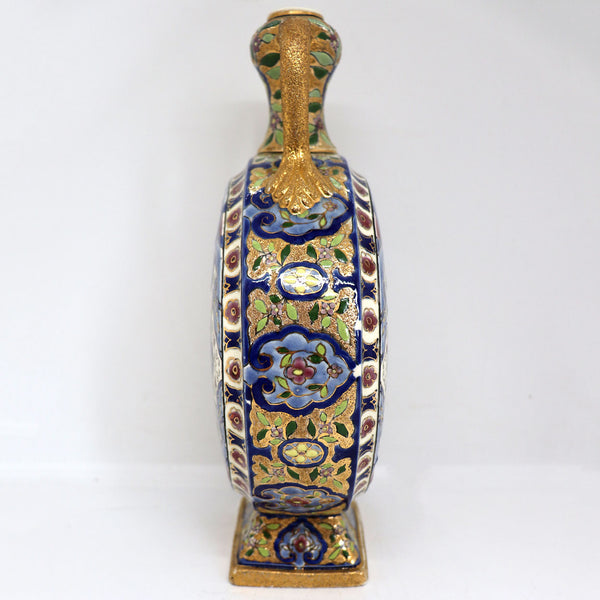 Hungarian Fischer J. Budapest Gilt Earthenware Pottery Moon Flask Vase