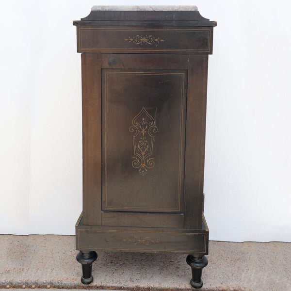 French Napoleon III Porcelain, Ebonized Wood Veneer and Marble Side Cabinet