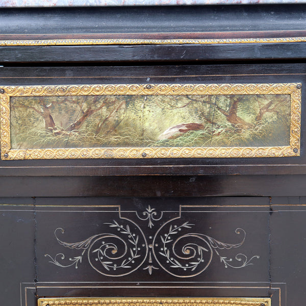French Napoleon III Porcelain, Ebonized Wood Veneer and Marble Side Cabinet