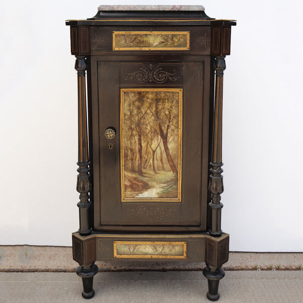 French Napoleon III Porcelain, Ebonized Wood Veneer and Marble Side Cabinet