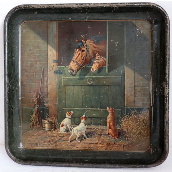 American Henry Stull Tole Lithograph Square Tray, Good Morning