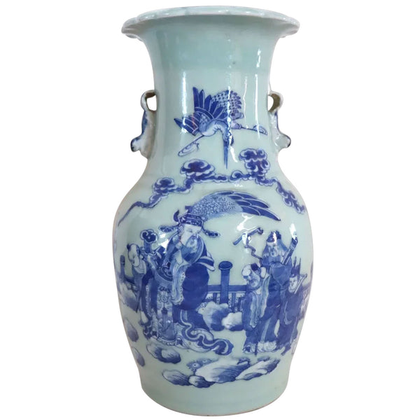 Chinese Qing Porcelain Cobalt on Celadon Ground Two-Handle Vase