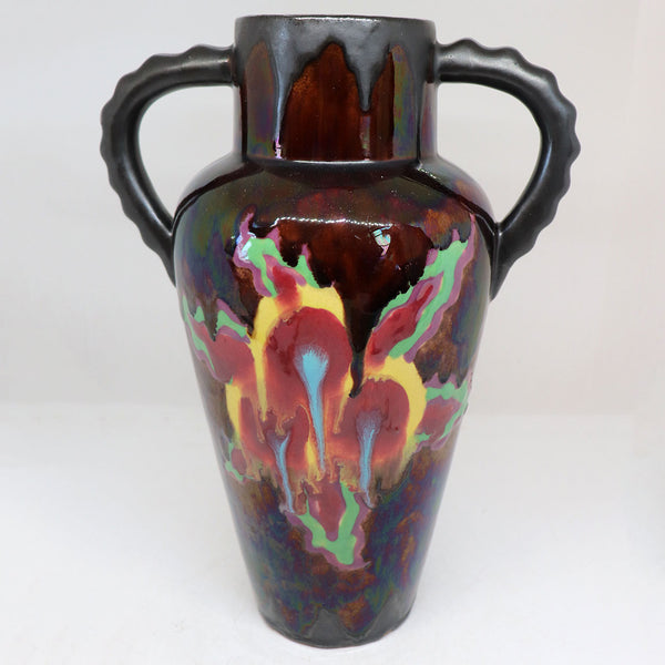 French Henri Delcourt Art Deco Faience Pottery Two-Handle Vase