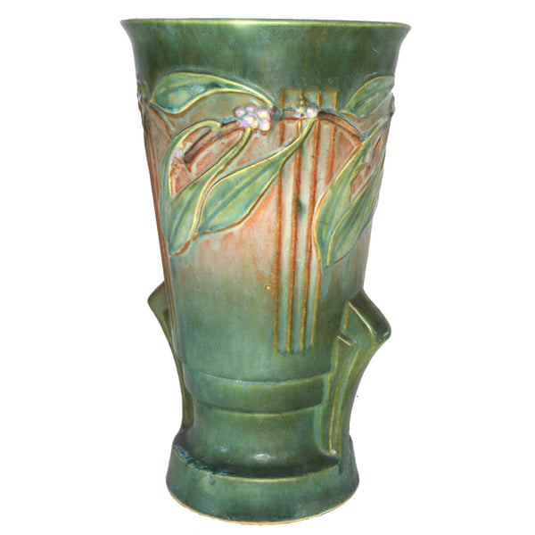 Large American Roseville Pottery Green and Pink Laurel Double-Handle Vase