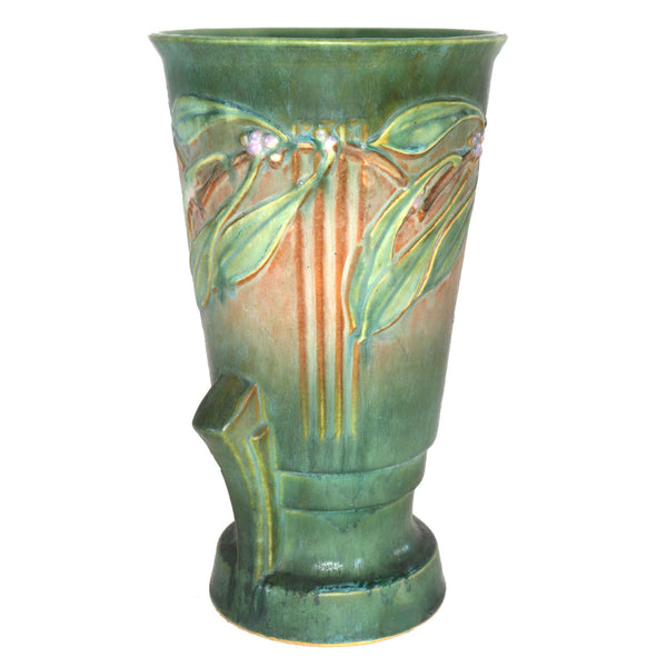 Large American Roseville Pottery Green and Pink Laurel Double-Handle Vase