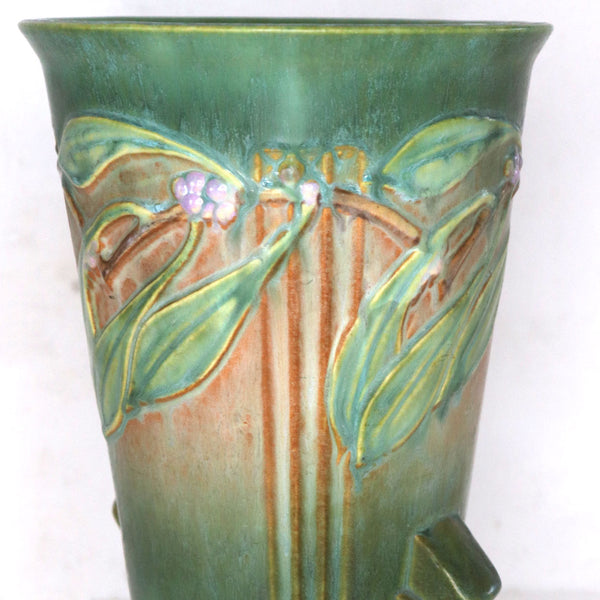 Large American Roseville Pottery Green and Pink Laurel Double-Handle Vase