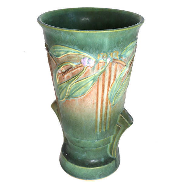 Large American Roseville Pottery Green and Pink Laurel Double-Handle Vase