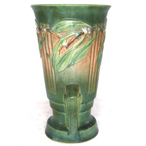 Large American Roseville Pottery Green and Pink Laurel Double-Handle Vase