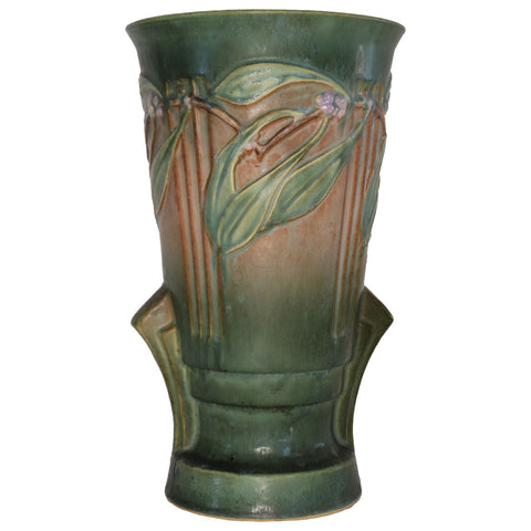 Large American Roseville Pottery Green and Pink Laurel Double-Handle Vase