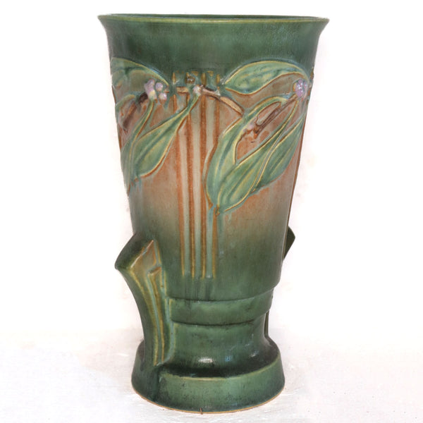 Large American Roseville Pottery Green and Pink Laurel Double-Handle Vase