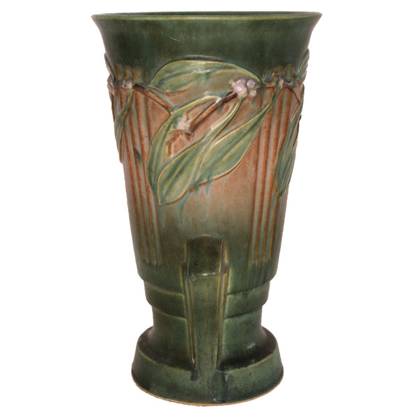 Large American Roseville Pottery Green and Pink Laurel Double-Handle Vase