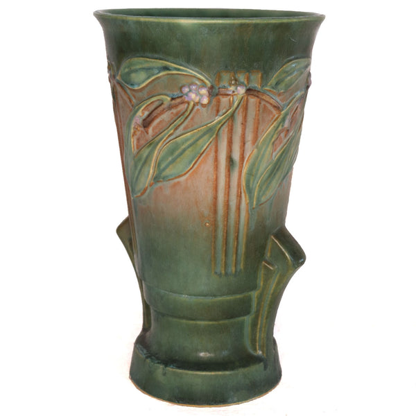 Large American Roseville Pottery Green and Pink Laurel Double-Handle Vase