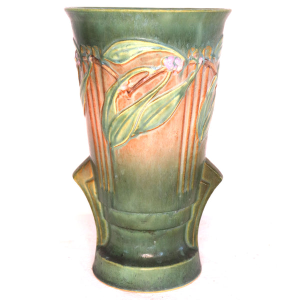 Large American Roseville Pottery Green and Pink Laurel Double-Handle Vase