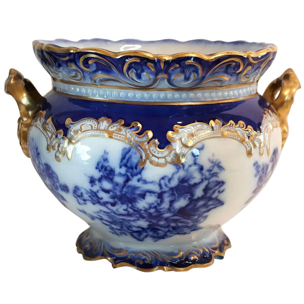 American Wheeling La Belle China Flow Blue Semi-Porcelain Gilt Planter