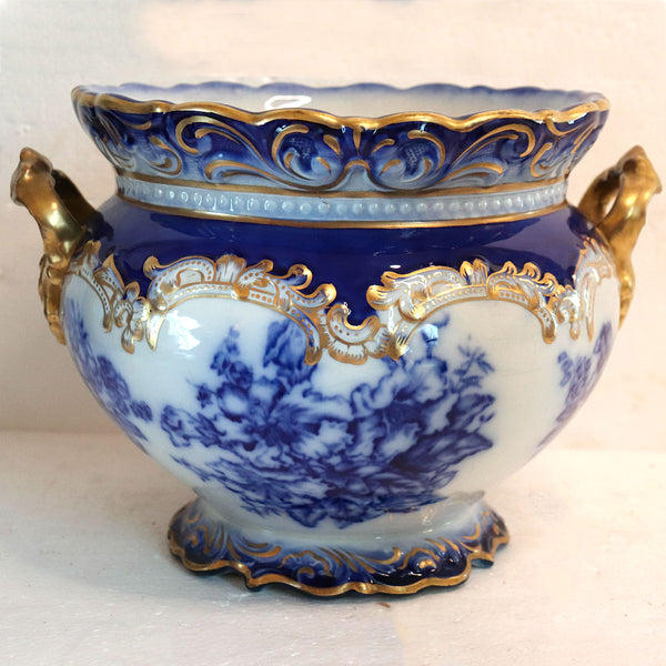 American Wheeling La Belle China Flow Blue Semi-Porcelain Gilt Planter