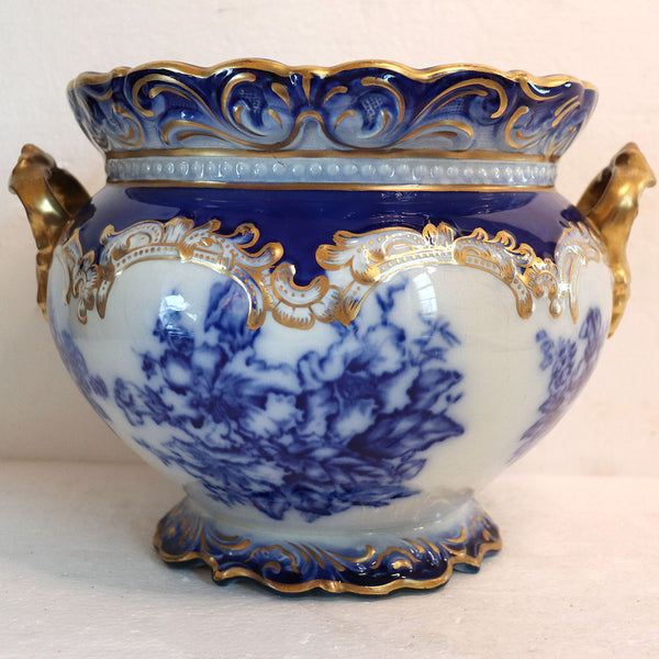 American Wheeling La Belle China Flow Blue Semi-Porcelain Gilt Planter