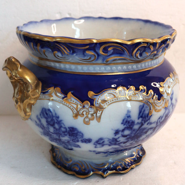 American Wheeling La Belle China Flow Blue Semi-Porcelain Gilt Planter