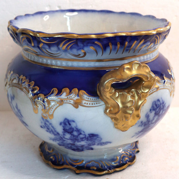 American Wheeling La Belle China Flow Blue Semi-Porcelain Gilt Planter