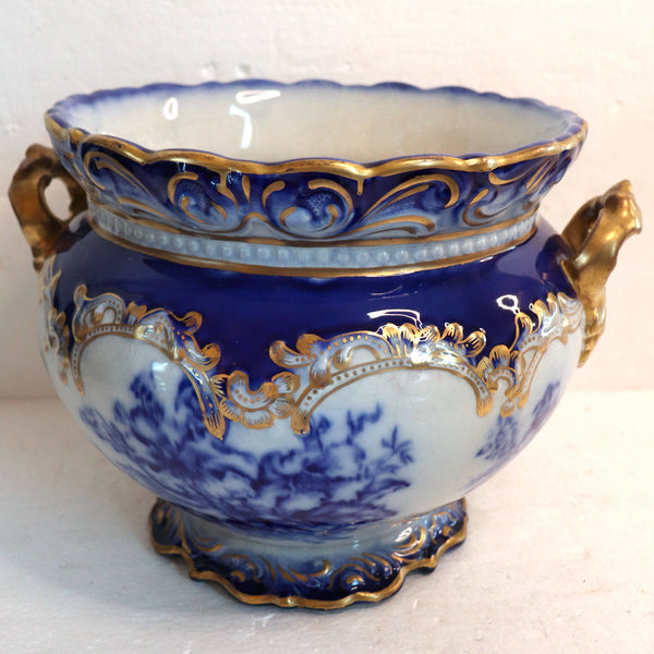 American Wheeling La Belle China Flow Blue Semi-Porcelain Gilt Planter