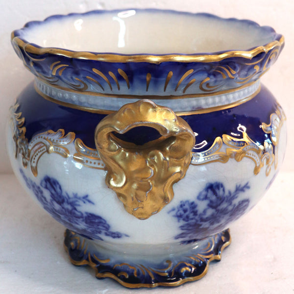 American Wheeling La Belle China Flow Blue Semi-Porcelain Gilt Planter