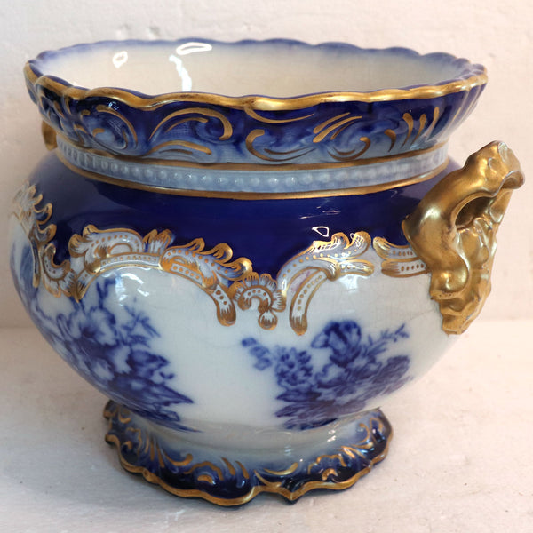 American Wheeling La Belle China Flow Blue Semi-Porcelain Gilt Planter