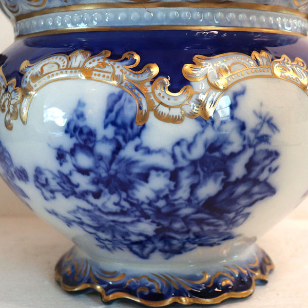 American Wheeling La Belle China Flow Blue Semi-Porcelain Gilt Planter