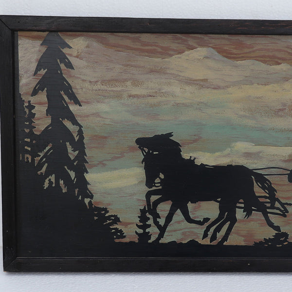 Vintage American Old West Oil Painting on Plywood, Silhouette Stagecoach Scene