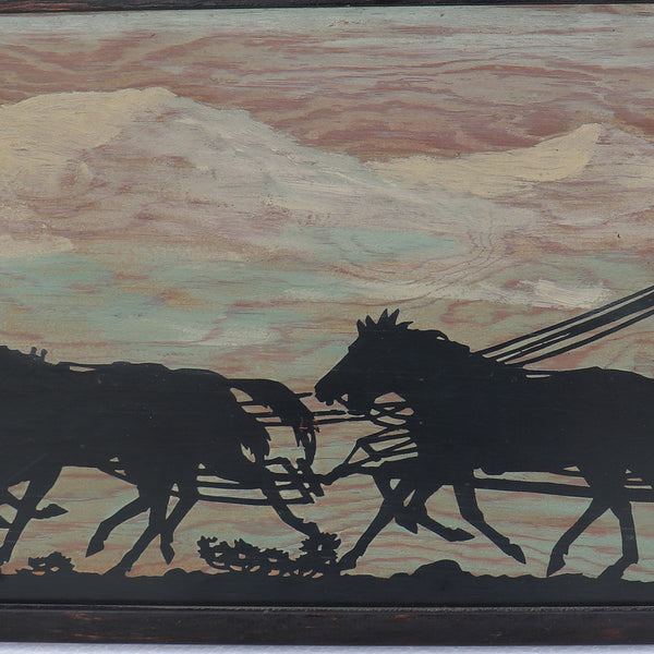 Vintage American Old West Oil Painting on Plywood, Silhouette Stagecoach Scene