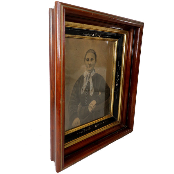 American Walnut Frame with Signed Charcoal on Paper Drawing, Portrait of a Lady