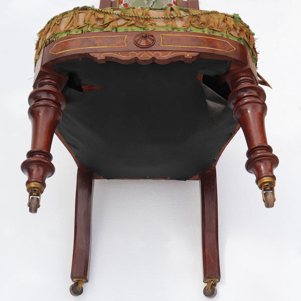 Tall English Walnut Crewelwork Upholstered Parlor Slipper Chair
