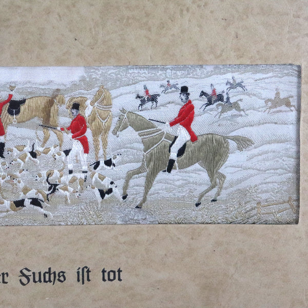 Set of Two English Victorian Silk Embroidery Stevengraphs, Fox Hunt Scenes
