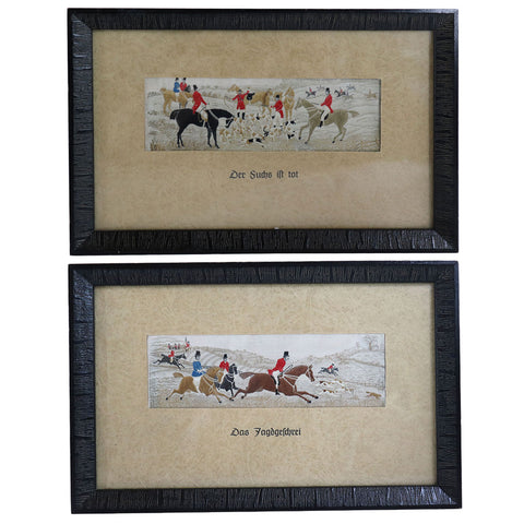 Set of Two English Victorian Silk Embroidery Stevengraphs, Fox Hunt Scenes