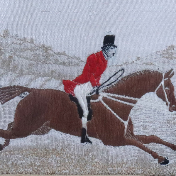 Set of Two English Victorian Silk Embroidery Stevengraphs, Fox Hunt Scenes