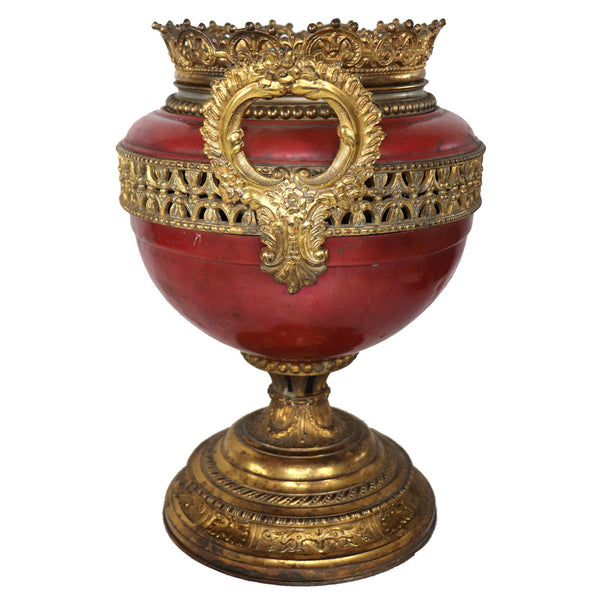 American Gilt Metal and Red Painted Two-Handle Urn Oil Lamp Base