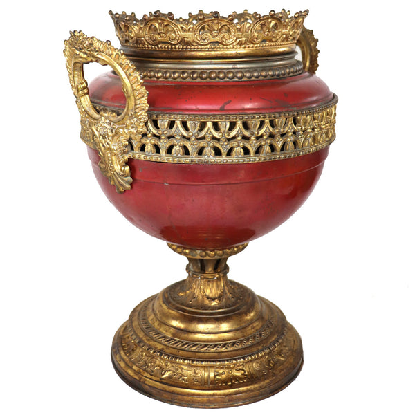 American Gilt Metal and Red Painted Two-Handle Urn Oil Lamp Base