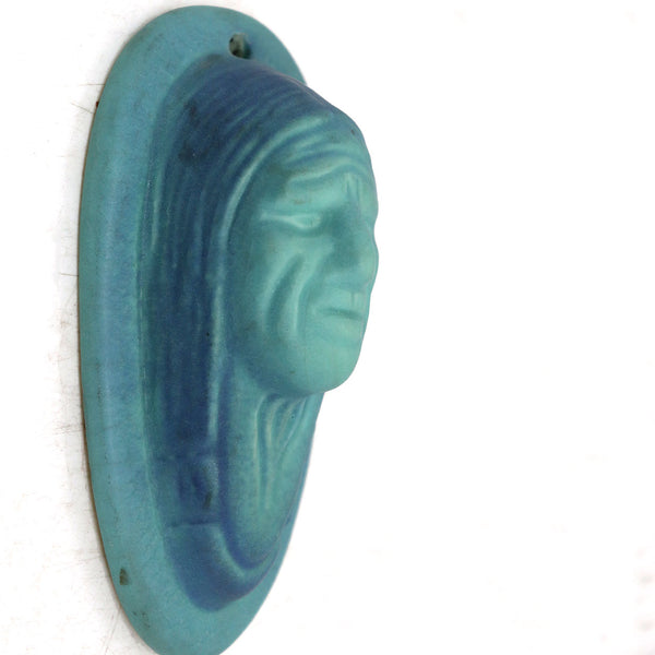 Small American Van Briggle Pottery Ming Blue Native American Head Wall Plaque