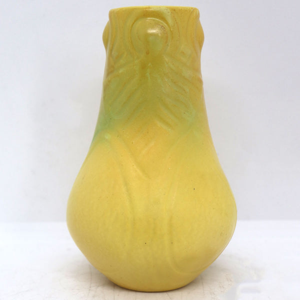 American Van Briggle Pottery Green and Yellow Glaze Triangle Flower Vase