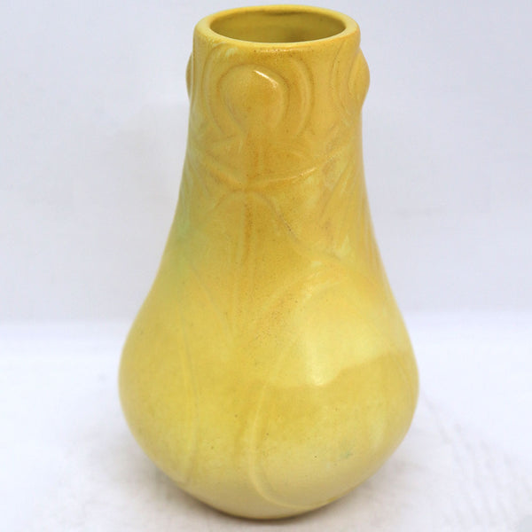 American Van Briggle Pottery Green and Yellow Glaze Triangle Flower Vase
