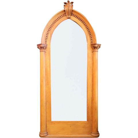 Large American Gothic Revival Oak Pointed Arch Wall Mirror