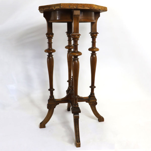 German Walnut Velvet Top Octagonal Plant Stand / Side Table