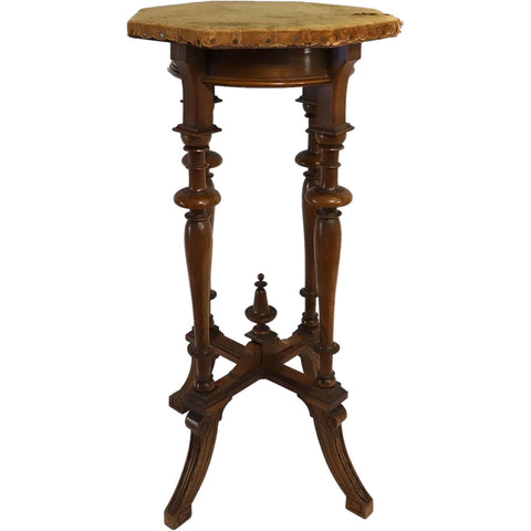 German Walnut Velvet Top Octagonal Plant Stand / Side Table