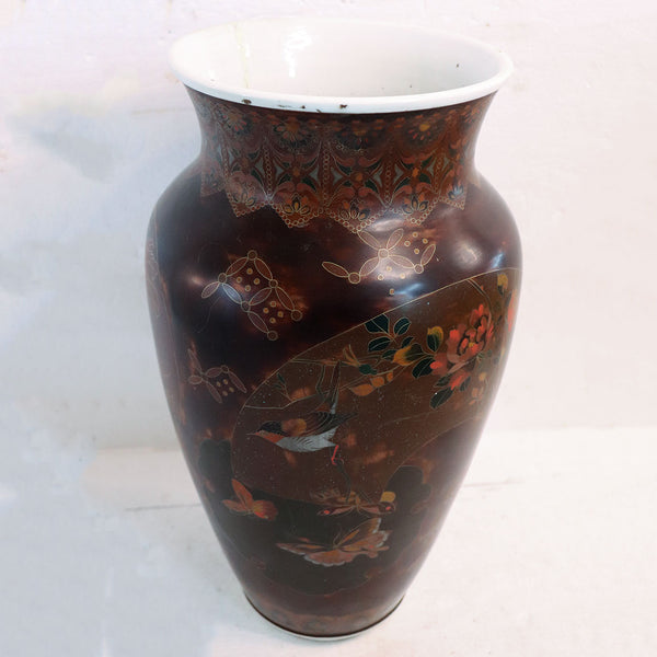 Large Japanese Meiji Okamoto Lacquer Cloisonne Enamel on Porcelain Vase